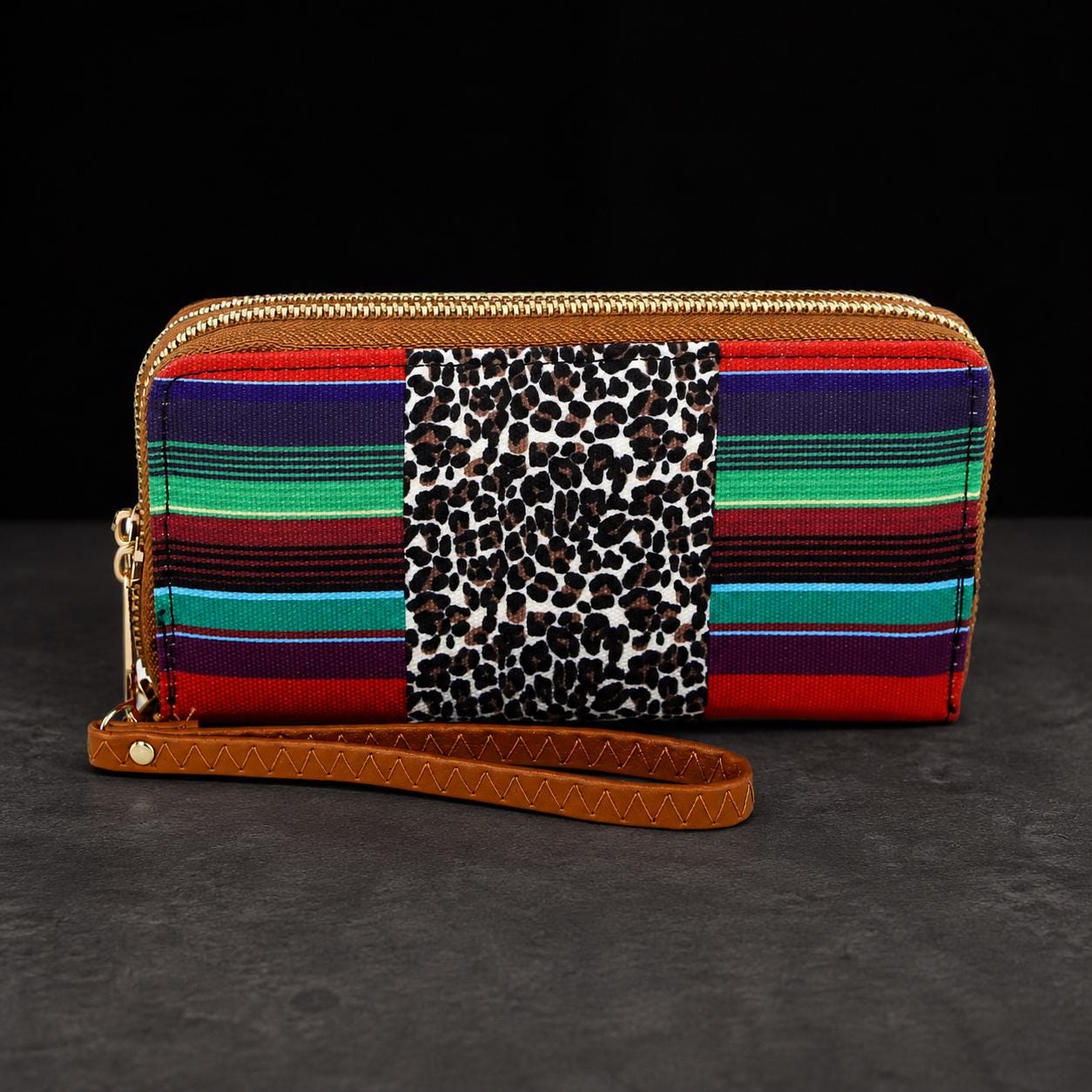 Western Boho Wristlet Wallet for Women, Leopard Serape Double Zip Wallet, Boutique Cowgirl Wristlet with Card Slots