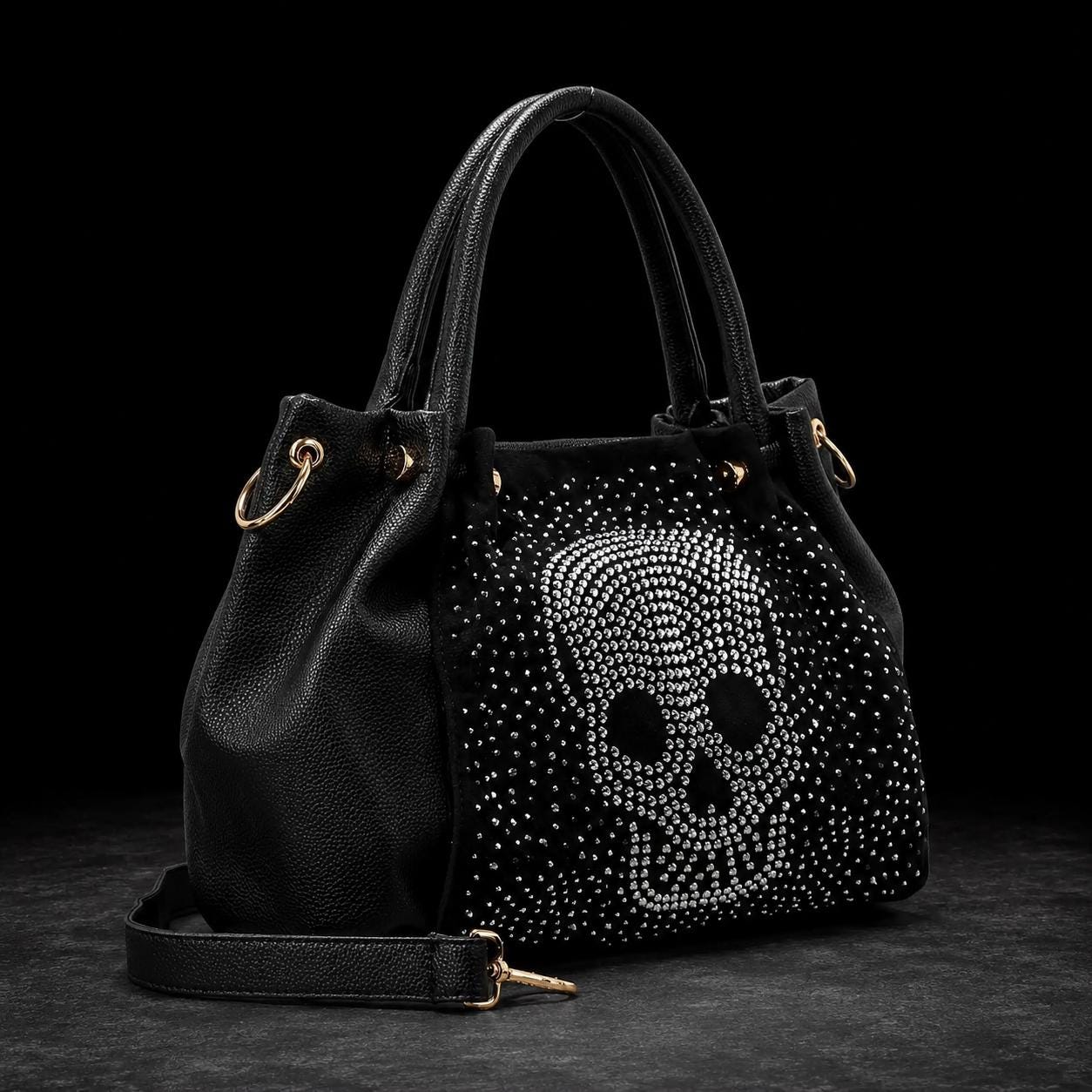 Rhinestone Skull Handbag, Black Faux Leather Purse, Gothic Shoulder Bag, Biker Chic Fashion Tote, Statement Gift