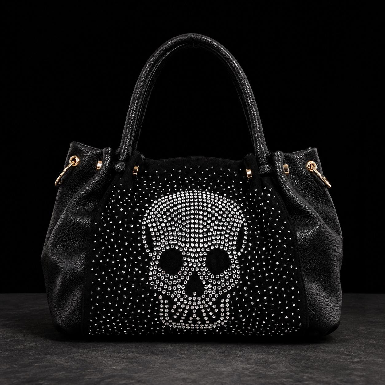 Rhinestone Skull Handbag, Black Faux Leather Purse, Gothic Shoulder Bag, Biker Chic Fashion Tote, Statement Gift