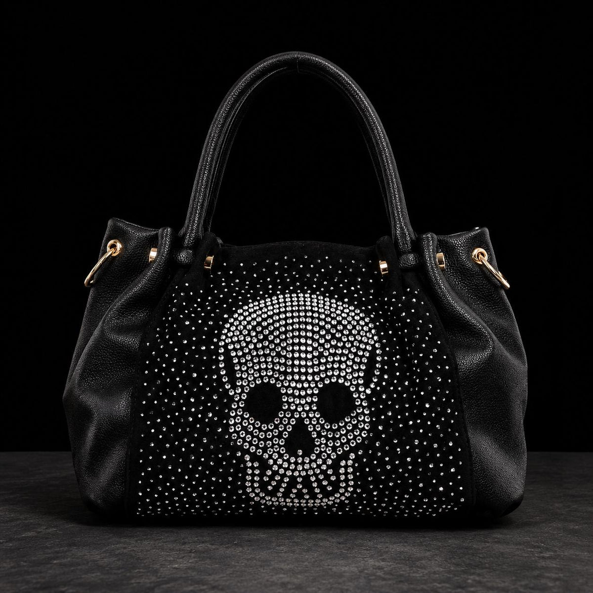 Rhinestone Skull Handbag, Black Faux Leather Purse, Gothic Shoulder Bag, Biker Chic Fashion Tote, Statement Gift