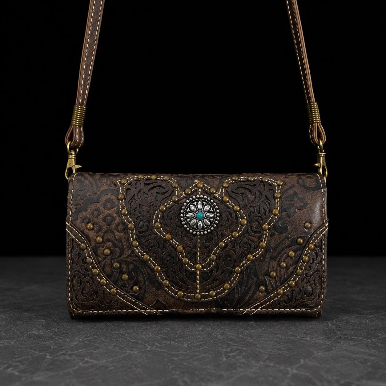 Turquoise Western Wristlet Crossbody Wallet, Tooled Faux Leather Trifold with Strap