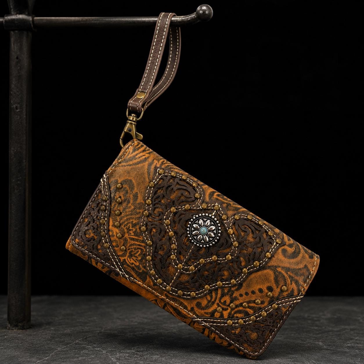 Turquoise Western Wristlet Crossbody Wallet, Tooled Faux Leather Trifold with Strap
