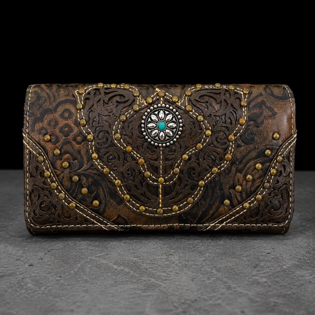 Turquoise Western Wristlet Crossbody Wallet, Tooled Faux Leather Trifold with Strap