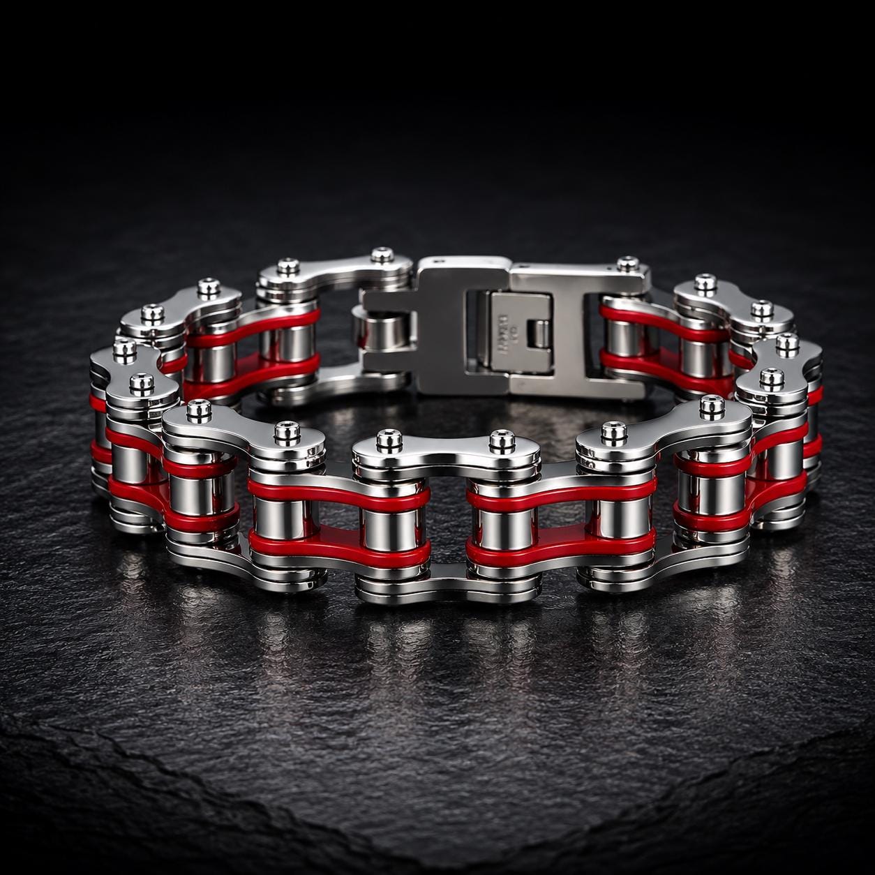 Motorcycle Chain Bracelet for Men, 316L Stainless Steel Biker Jewelry, Red Link Chain Bracelet, Rider Gift, Hypoallergenic