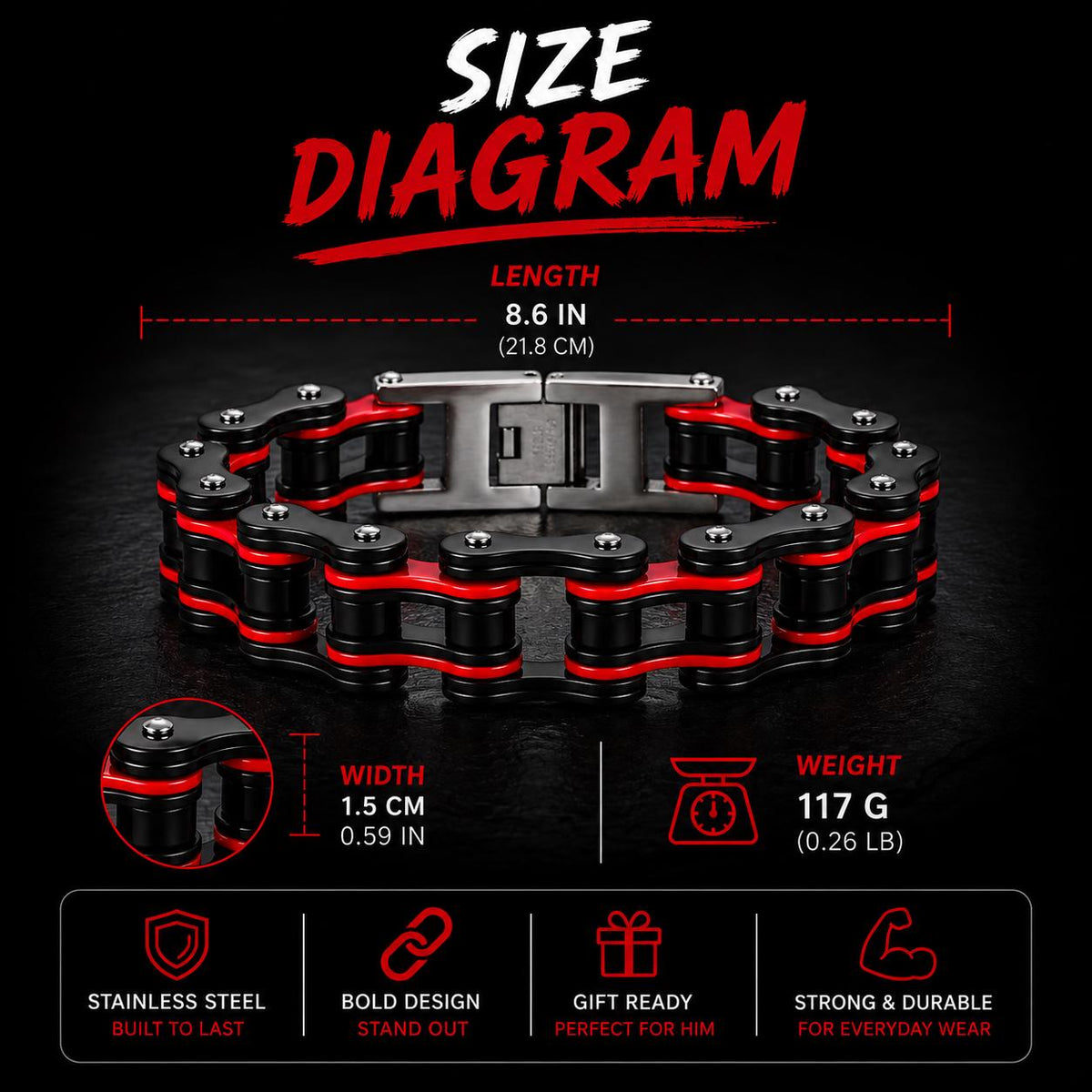 Men's Motorcycle Chain Bracelet, 316L Stainless Steel Statement Jewelry, Industrial Link Bracelet, Red Accent Metal Jewelry