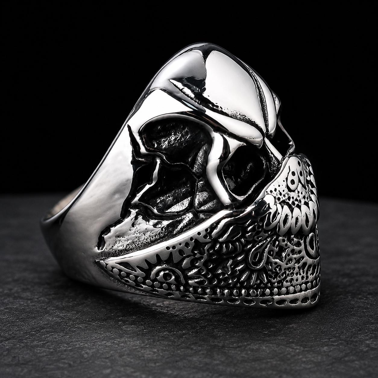 Stainless Steel Skull Ring, Biker Bandana Ring, Gothic Men's Statement Jewelry, Motorcycle Rider Gift, 316L Skull Ring