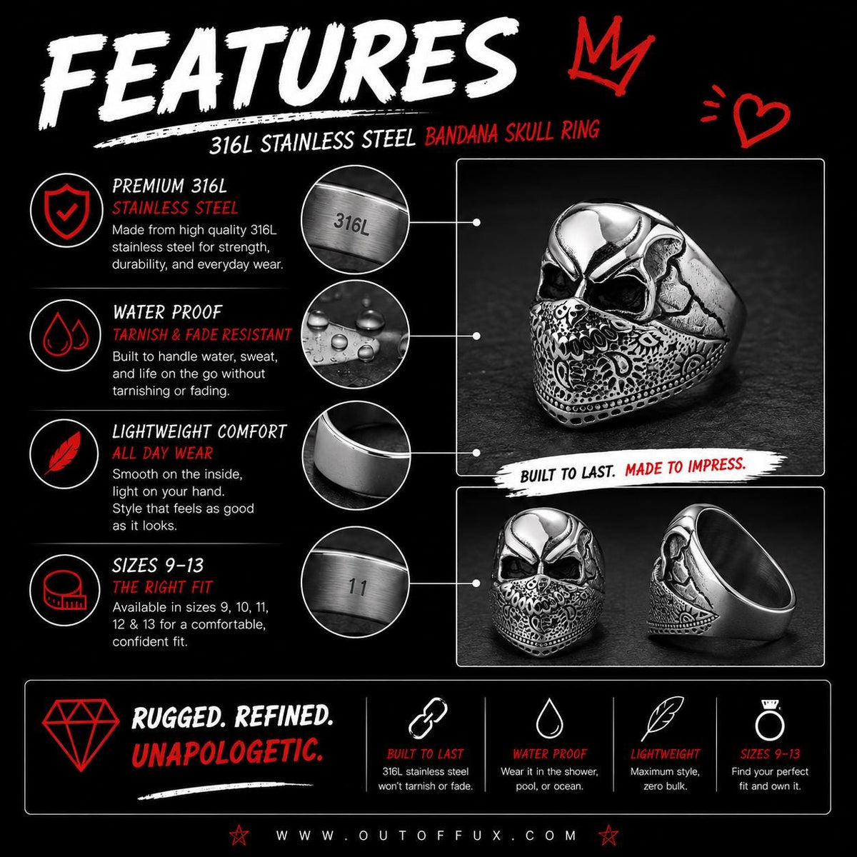 Stainless Steel Skull Ring, Biker Bandana Ring, Gothic Men's Statement Jewelry, Motorcycle Rider Gift, 316L Skull Ring