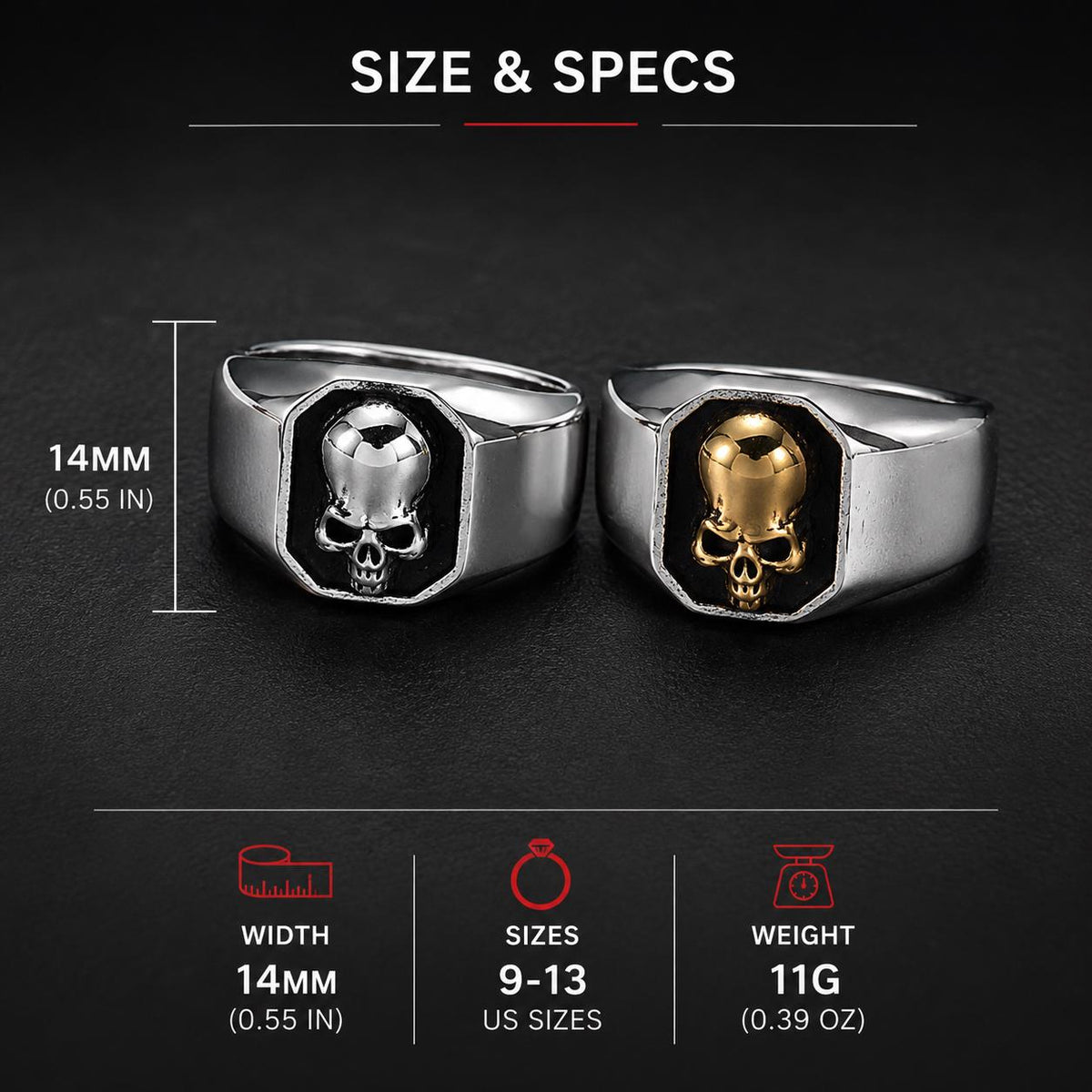 Stainless Steel Skull Ring, Men's Skull Signet Ring, 316L Biker Ring, Gothic Motorcycle Jewelry, Gold or Silver Band