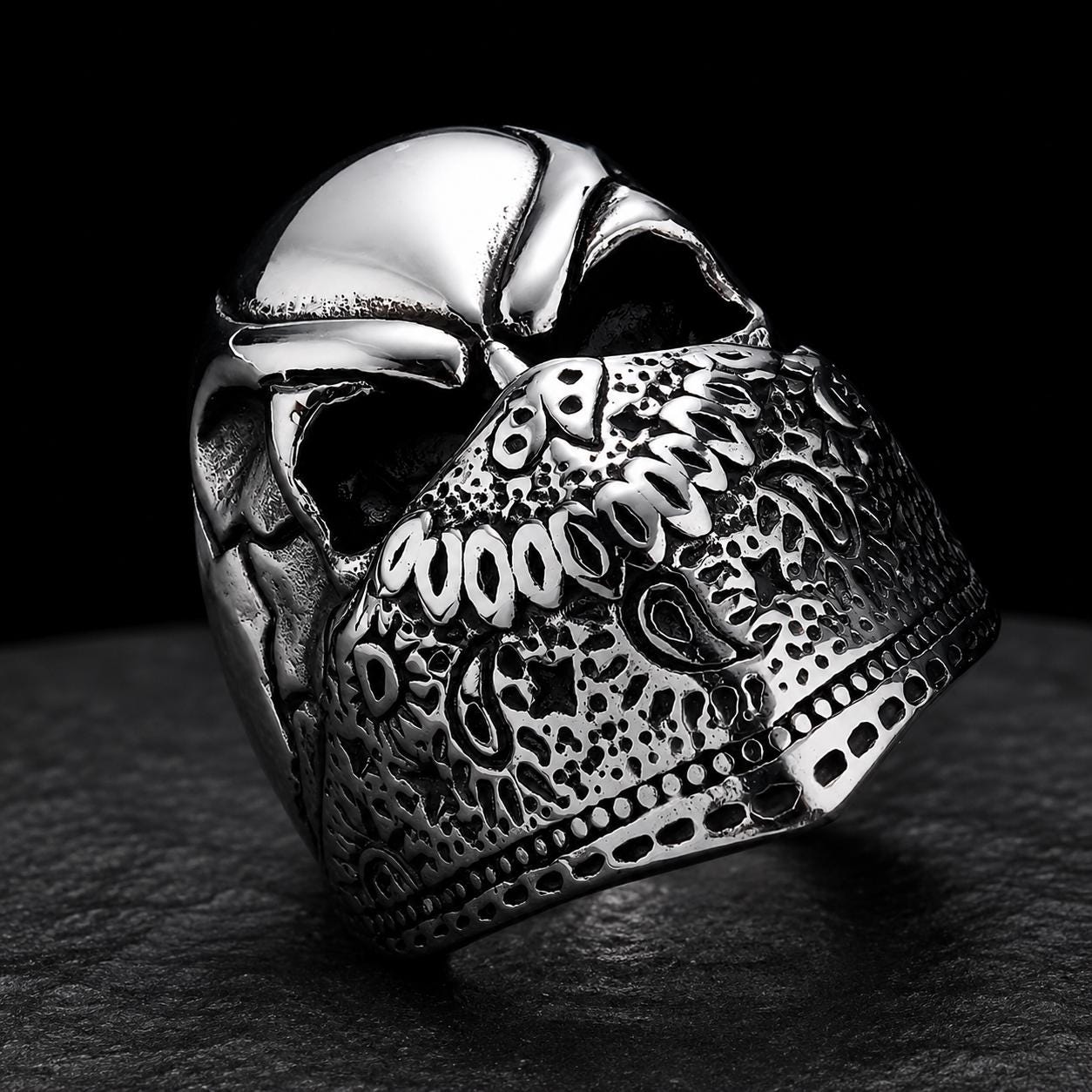 Stainless Steel Skull Ring, Biker Bandana Ring, Gothic Men's Statement Jewelry, Motorcycle Rider Gift, 316L Skull Ring