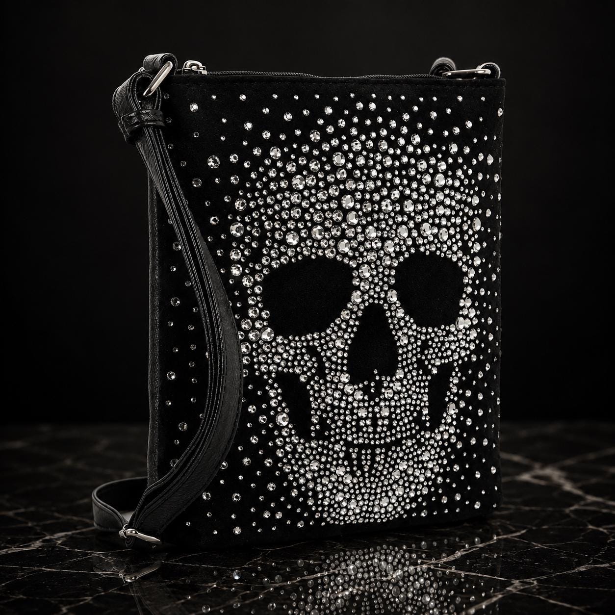 Rhinestone Skull Crossbody Bag, Goth Faux Leather Purse, Biker Crossbody Handbag, Rocker Statement Bag, Everyday Shoulder Bag