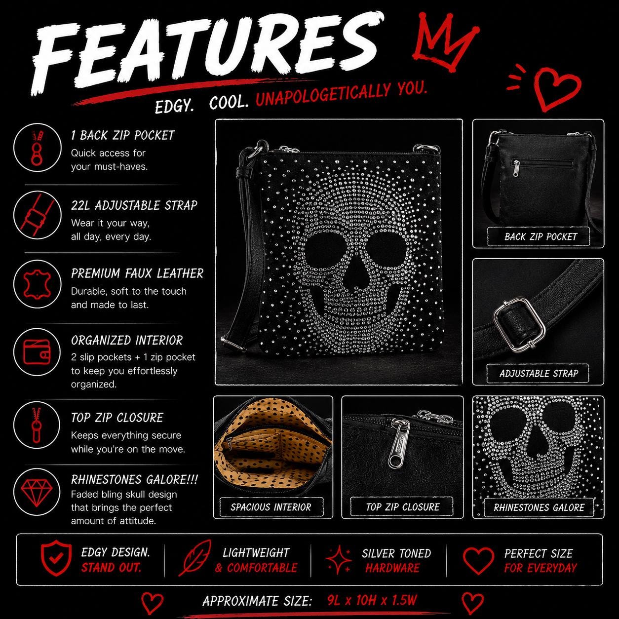 Rhinestone Skull Crossbody Bag, Goth Faux Leather Purse, Biker Crossbody Handbag, Rocker Statement Bag, Everyday Shoulder Bag