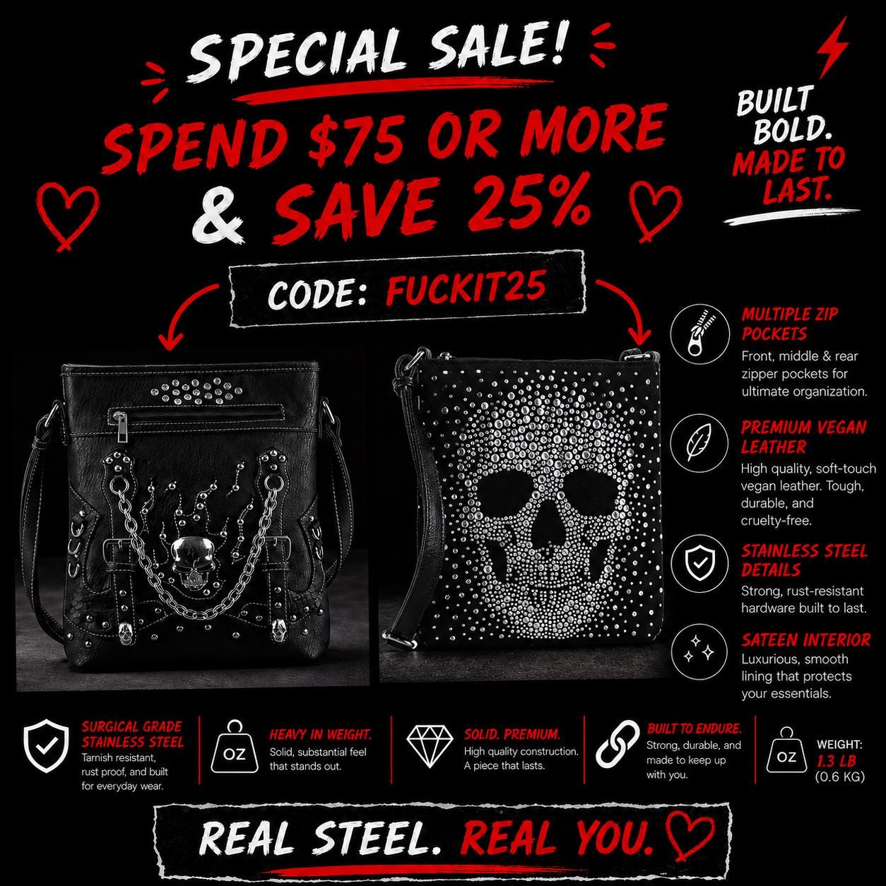 Rhinestone Skull Crossbody Bag, Goth Faux Leather Purse, Biker Crossbody Handbag, Rocker Statement Bag, Everyday Shoulder Bag