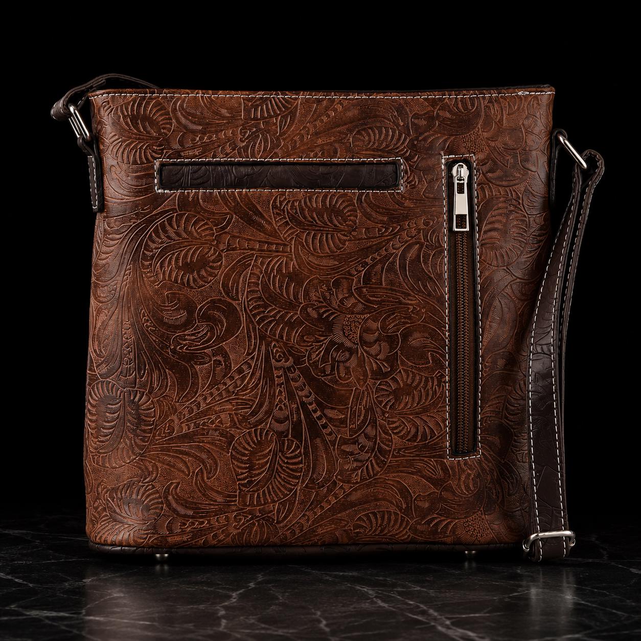Matching Western Purse & Wallet Set: Tooled Faux Leather Crossbody with Turquoise Concho