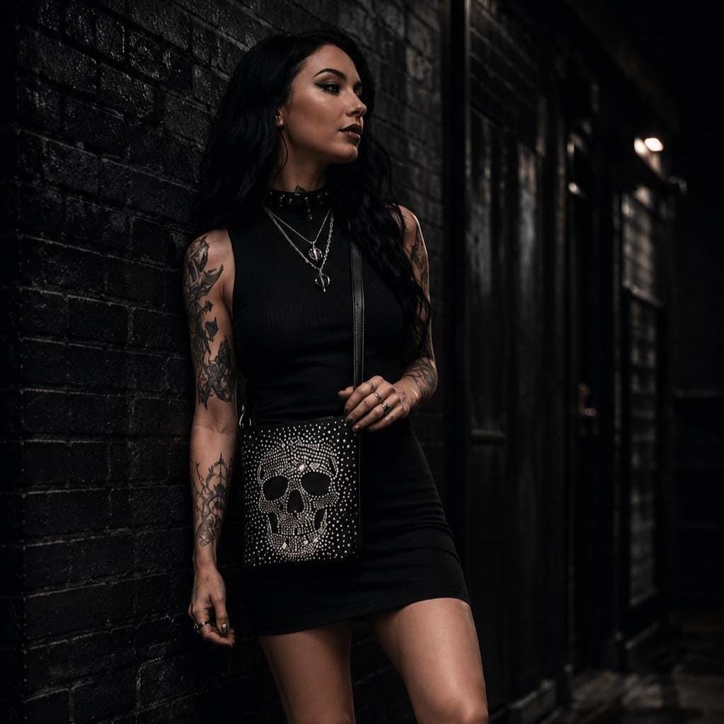 Rhinestone Skull Crossbody Bag, Goth Faux Leather Purse, Biker Crossbody Handbag, Rocker Statement Bag, Everyday Shoulder Bag