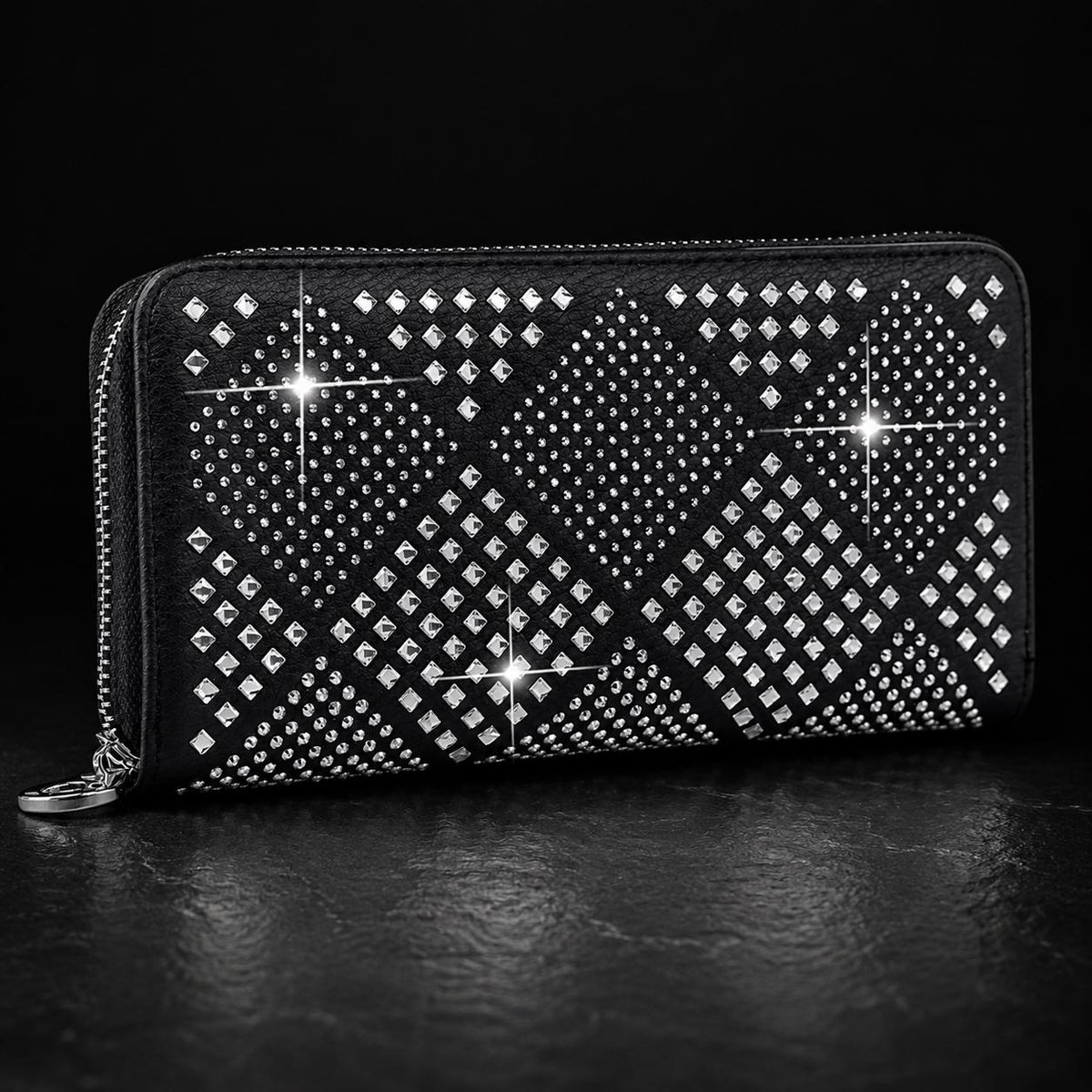 Black Rhinestone Wallet, Zip Around Accordion Wallet, Faux Leather Organizer, Bling Women's Wallet, Gothic Biker Gift