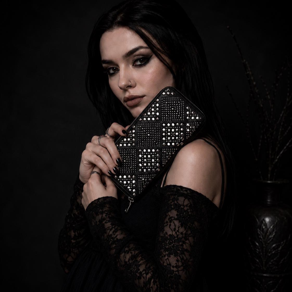 Black Rhinestone Wallet, Zip Around Accordion Wallet, Faux Leather Organizer, Bling Women's Wallet, Gothic Biker Gift