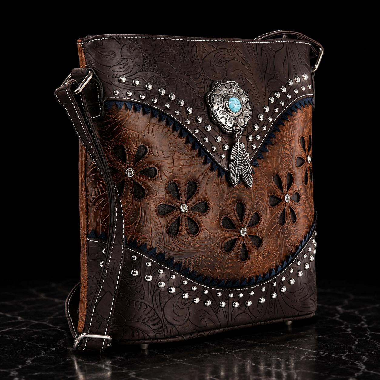 Western Floral Tooled Faux Leather Crossbody Turquoise Concho Handbag
