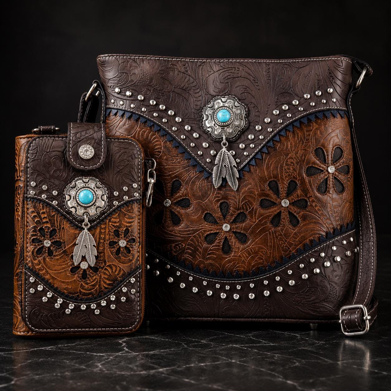 Matching Western Purse & Wallet Set: Tooled Faux Leather Crossbody with Turquoise Concho