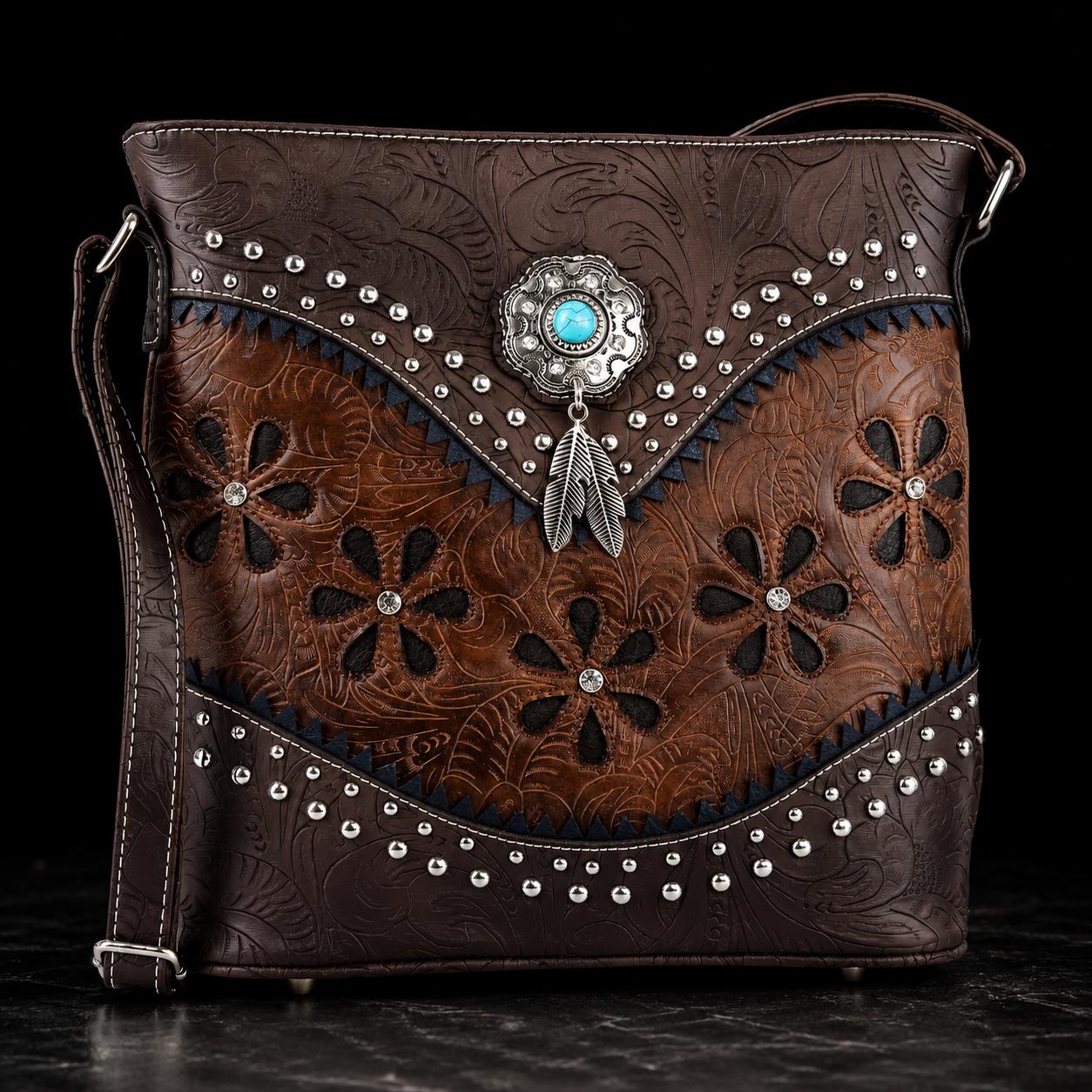 Matching Western Purse & Wallet Set: Tooled Faux Leather Crossbody with Turquoise Concho