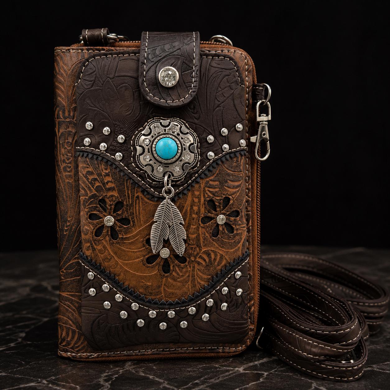 Matching Western Purse & Wallet Set: Tooled Faux Leather Crossbody with Turquoise Concho