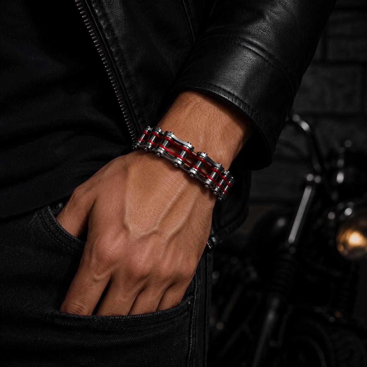 Motorcycle Chain Bracelet for Men, 316L Stainless Steel Biker Jewelry, Red Link Chain Bracelet, Rider Gift, Hypoallergenic