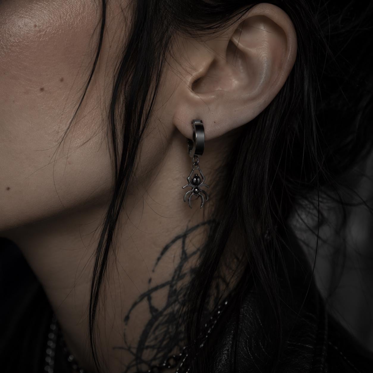 lack Spider Huggie Earrings, 316L Stainless Steel Hoops, Goth Earrings, Faux Gauge Look, Unisex Alternative Punk Jewelry
