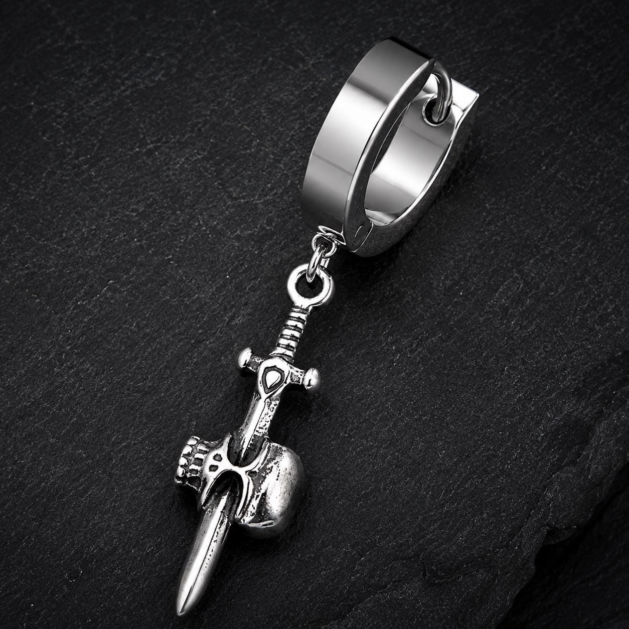 Skull Dagger Huggie Earrings, Stainless Steel Gothic Hoop Earrings, Unisex Biker Jewelry
