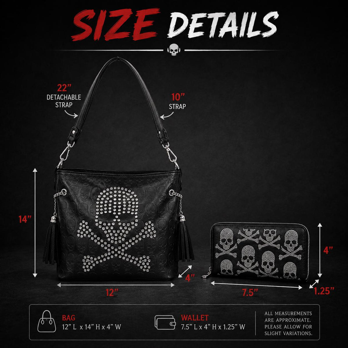 Rhinestone Skull Handbag and Wallet Set, Black Gothic Crossbody Purse with Skull and Crossbones Wallet