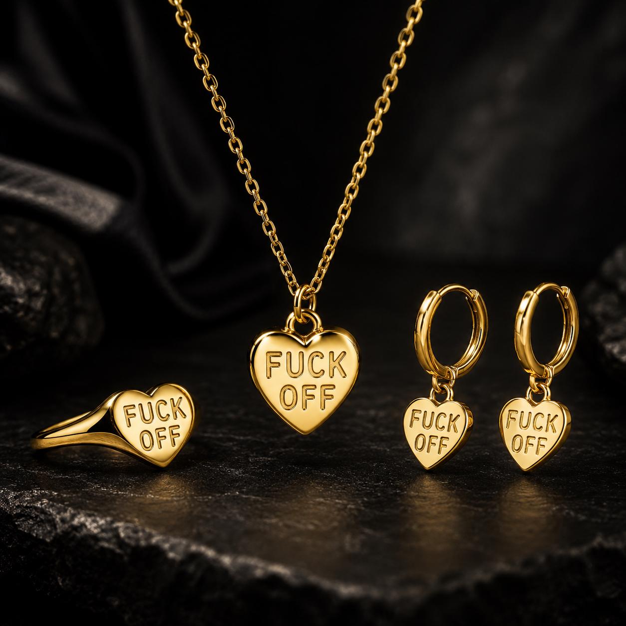 Gold Fuck Off Jewelry Set: Stainless Steel Necklace and Ring Bundle