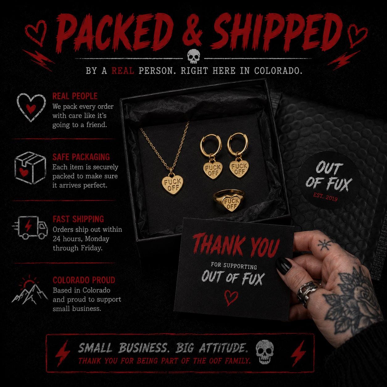 Gold Fuck Off Jewelry Set: Stainless Steel Necklace and Ring Bundle