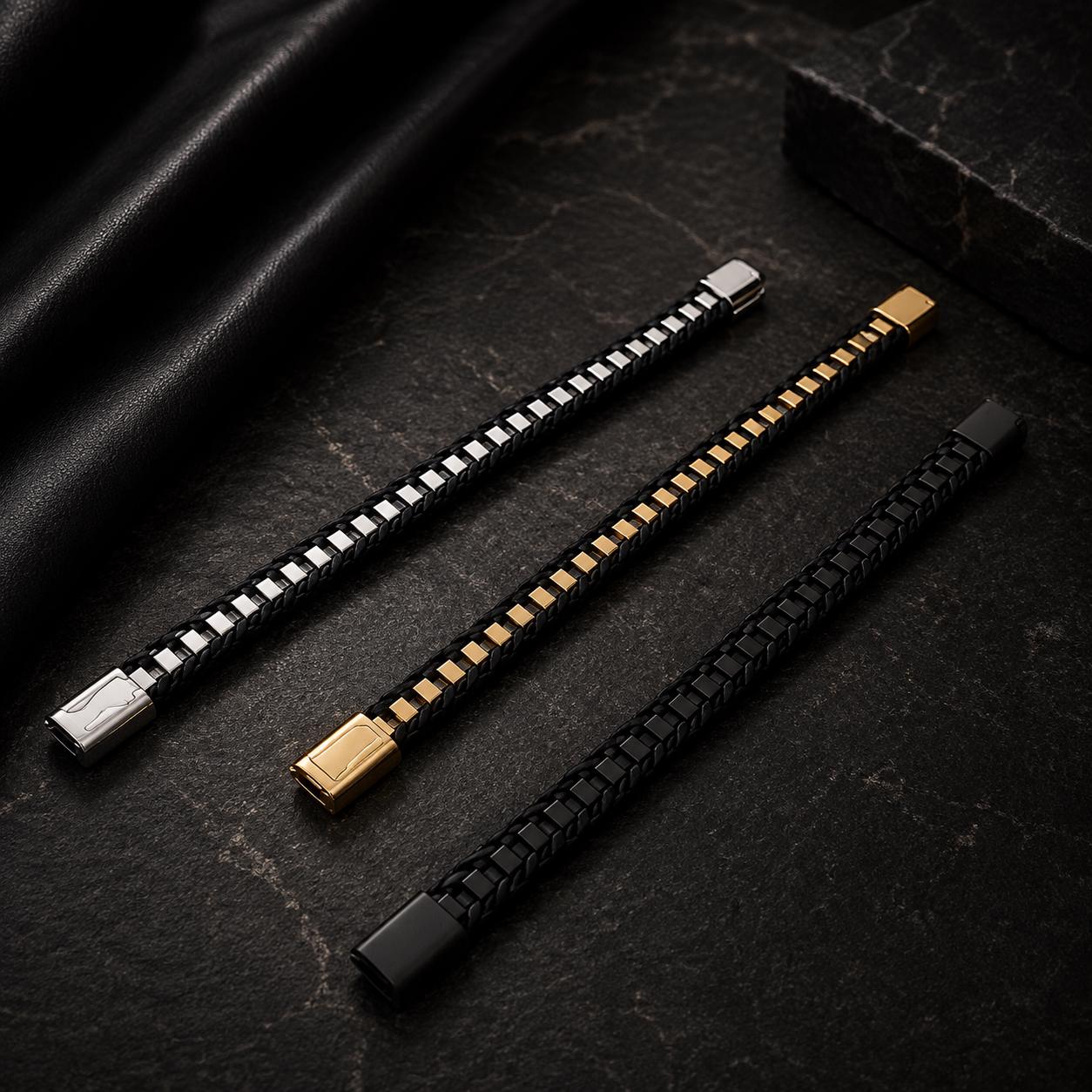 Men's Leather Bracelet, Stainless Steel Magnetic Clasp, 13mm Braided Faux Leather, Gold Silver or Black, Everyday Men's Jewelry