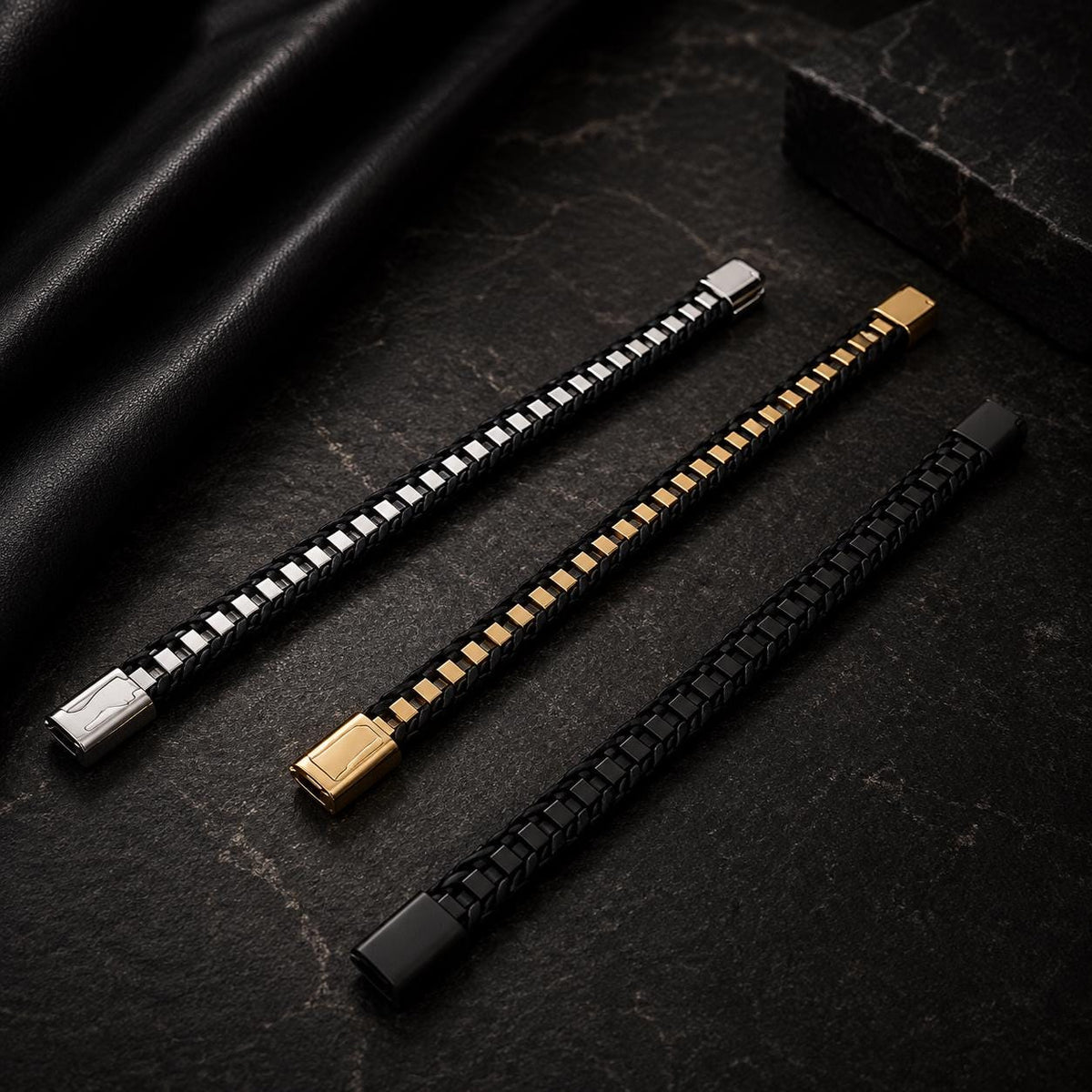 Men's Leather Bracelet, Stainless Steel Magnetic Clasp, 13mm Braided Faux Leather, Gold Silver or Black, Everyday Men's Jewelry