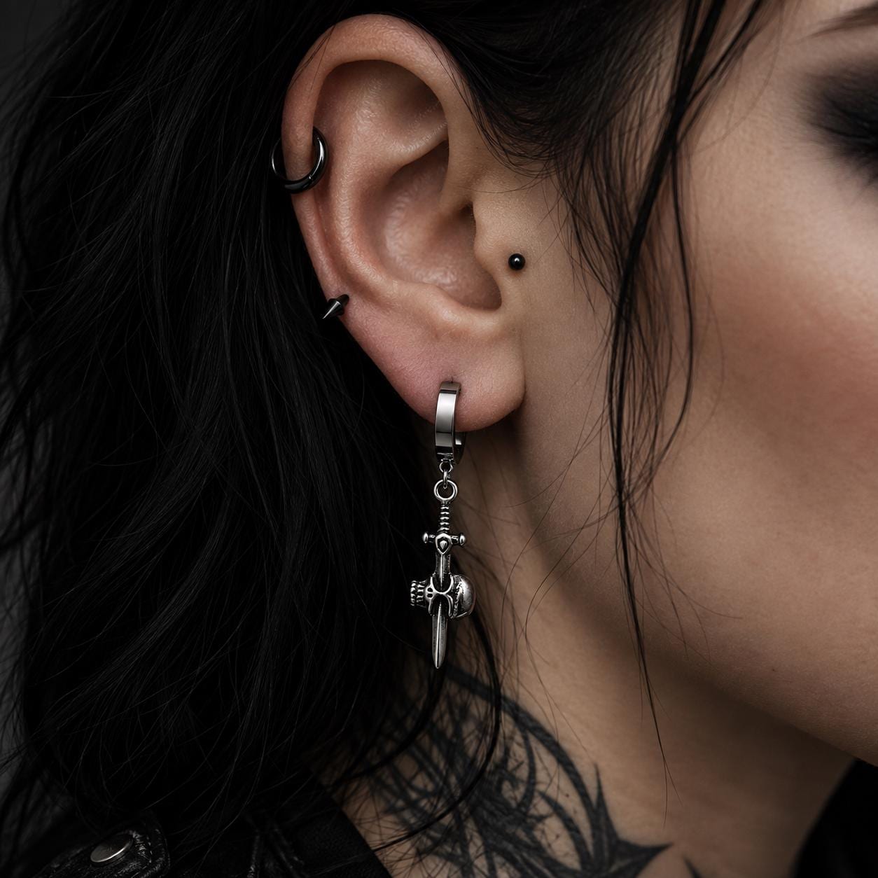 Skull Dagger Huggie Earrings, Stainless Steel Gothic Hoop Earrings, Unisex Biker Jewelry