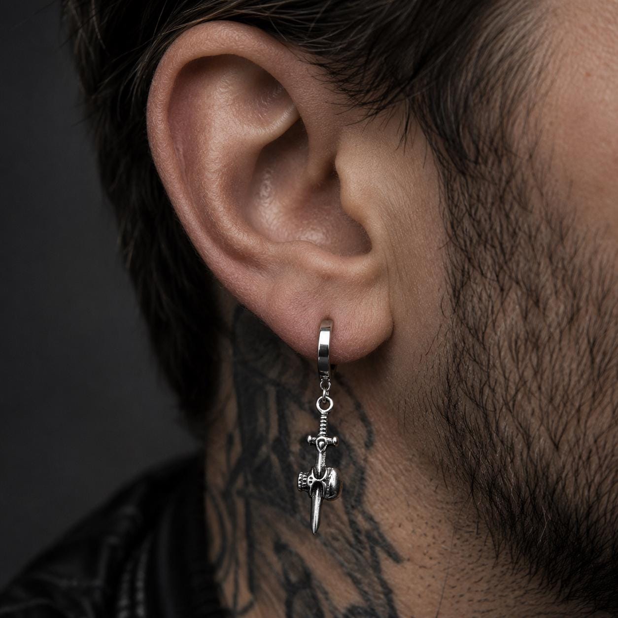 Skull Dagger Huggie Earrings, Stainless Steel Gothic Hoop Earrings, Unisex Biker Jewelry