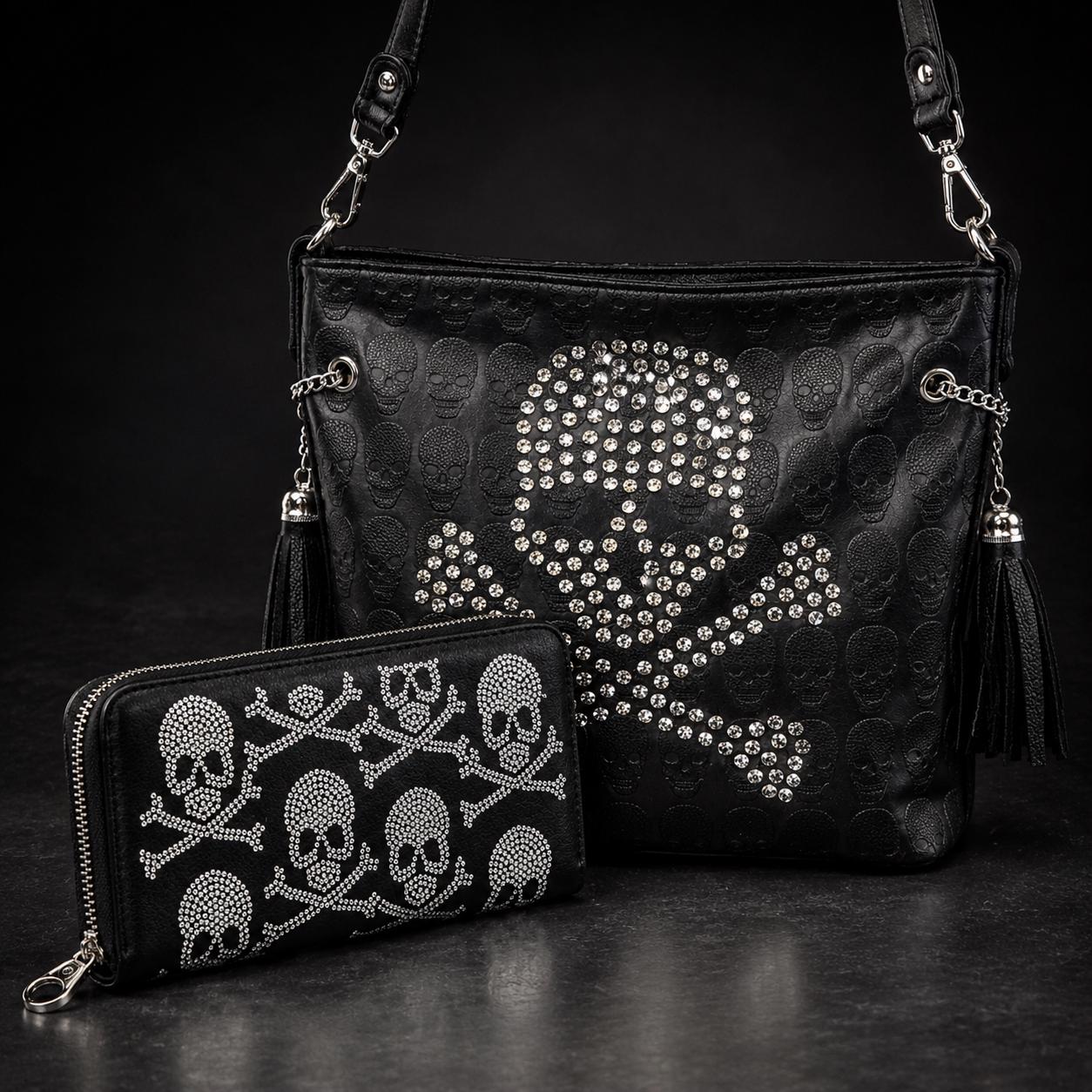 Rhinestone Skull Handbag and Wallet Set, Black Gothic Crossbody Purse with Skull and Crossbones Wallet