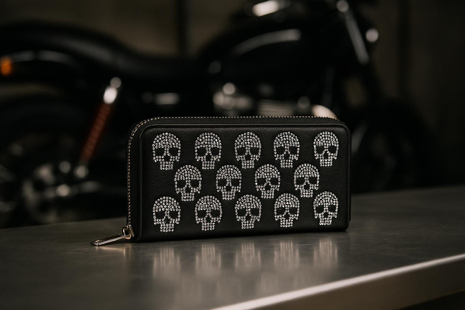Rhinestone Skull Handbag and Wallet Set, Black Gothic Crossbody Purse with Skull and Crossbones Wallet