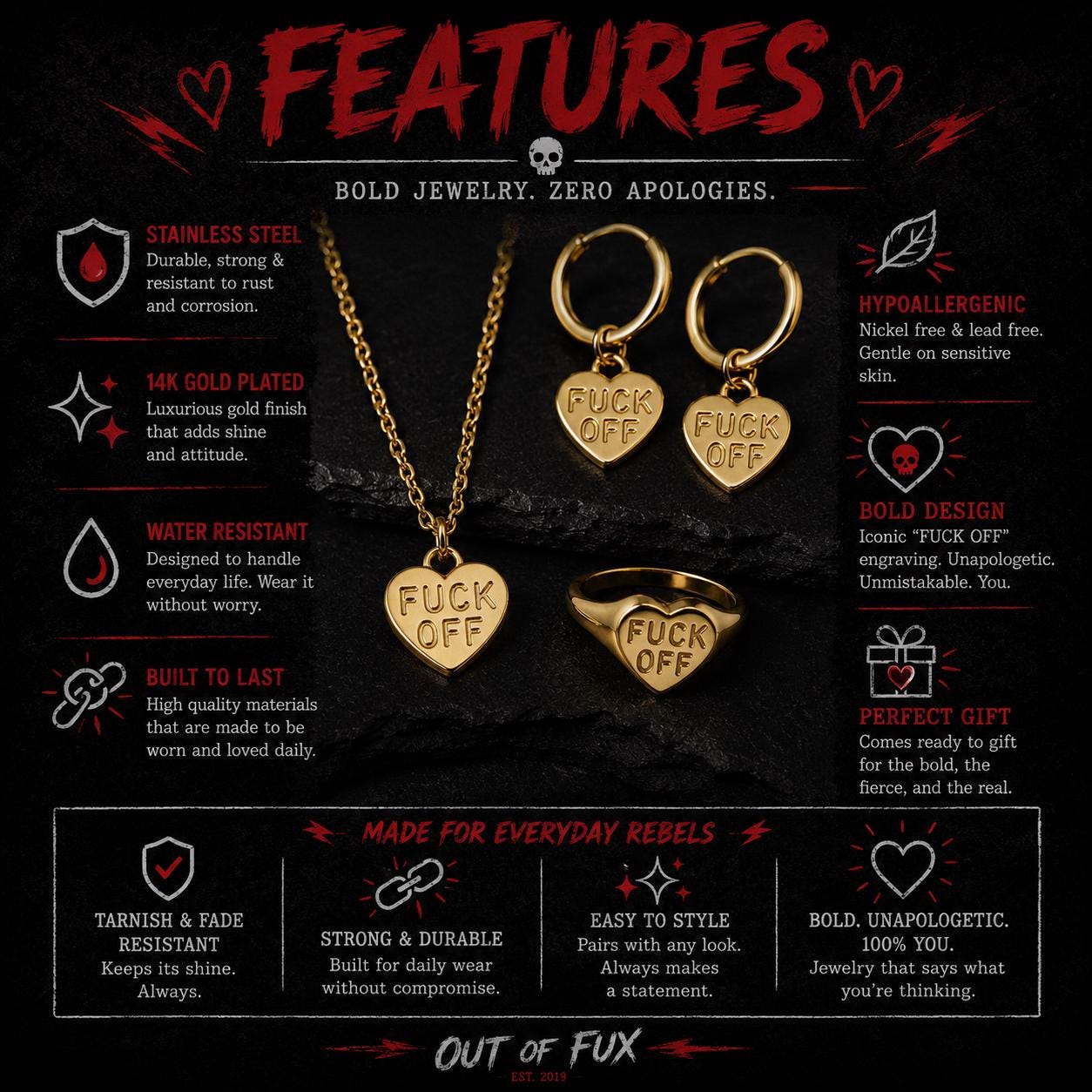 Gold Fuck Off Jewelry Set: Stainless Steel Necklace and Ring Bundle