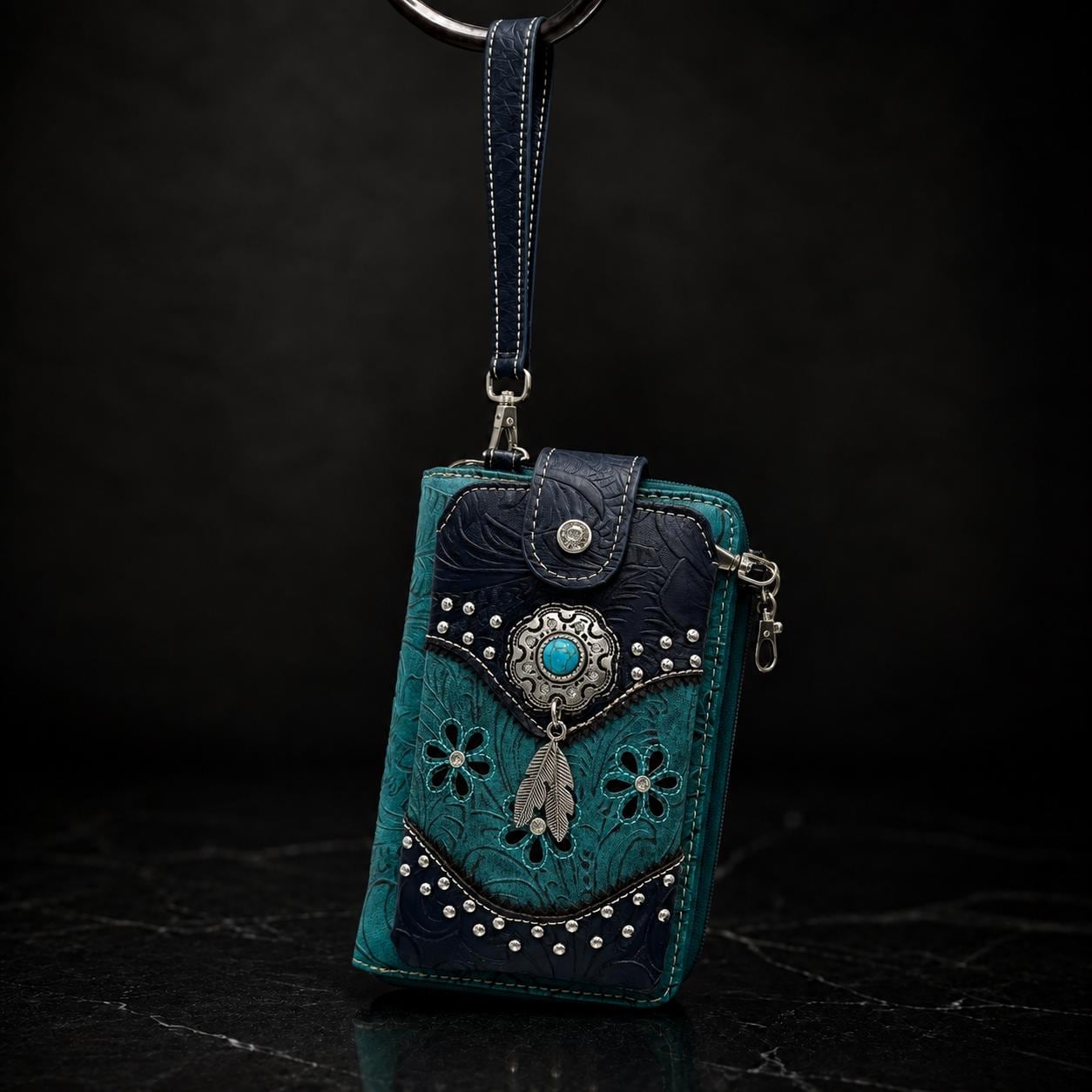 Western Phone Crossbody Bag, Teal Faux Leather Cowgirl Purse, Small Crossbody Wallet, Turquoise Concho Cell Phone Bag