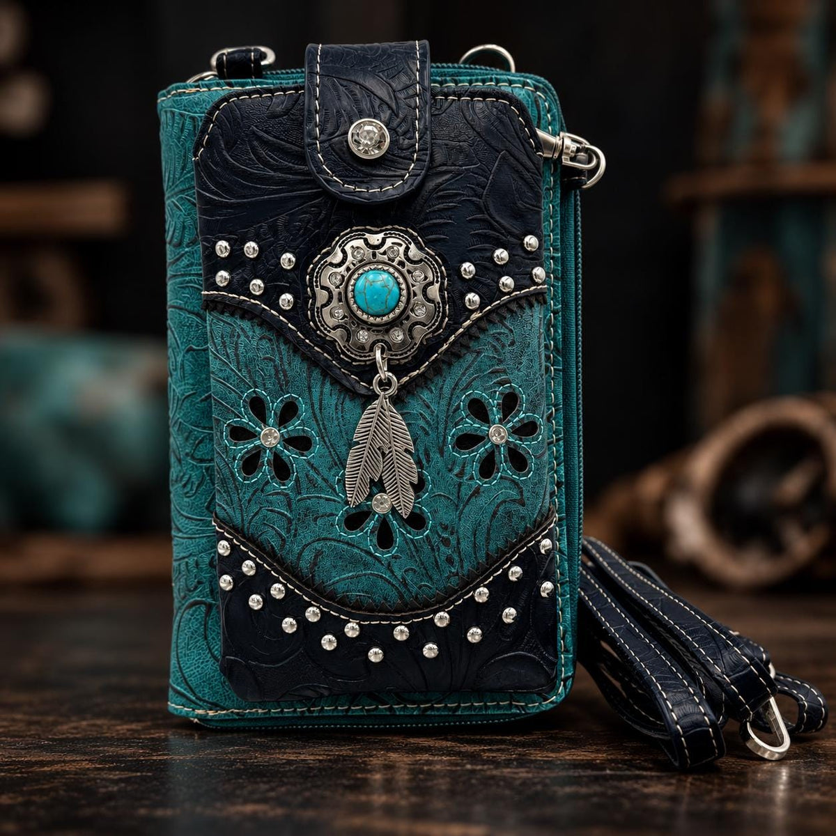 Western Phone Crossbody Bag, Teal Faux Leather Cowgirl Purse, Small Crossbody Wallet, Turquoise Concho Cell Phone Bag