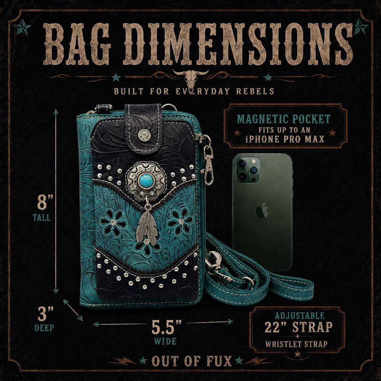 Western Phone Crossbody Bag, Teal Faux Leather Cowgirl Purse, Small Crossbody Wallet, Turquoise Concho Cell Phone Bag