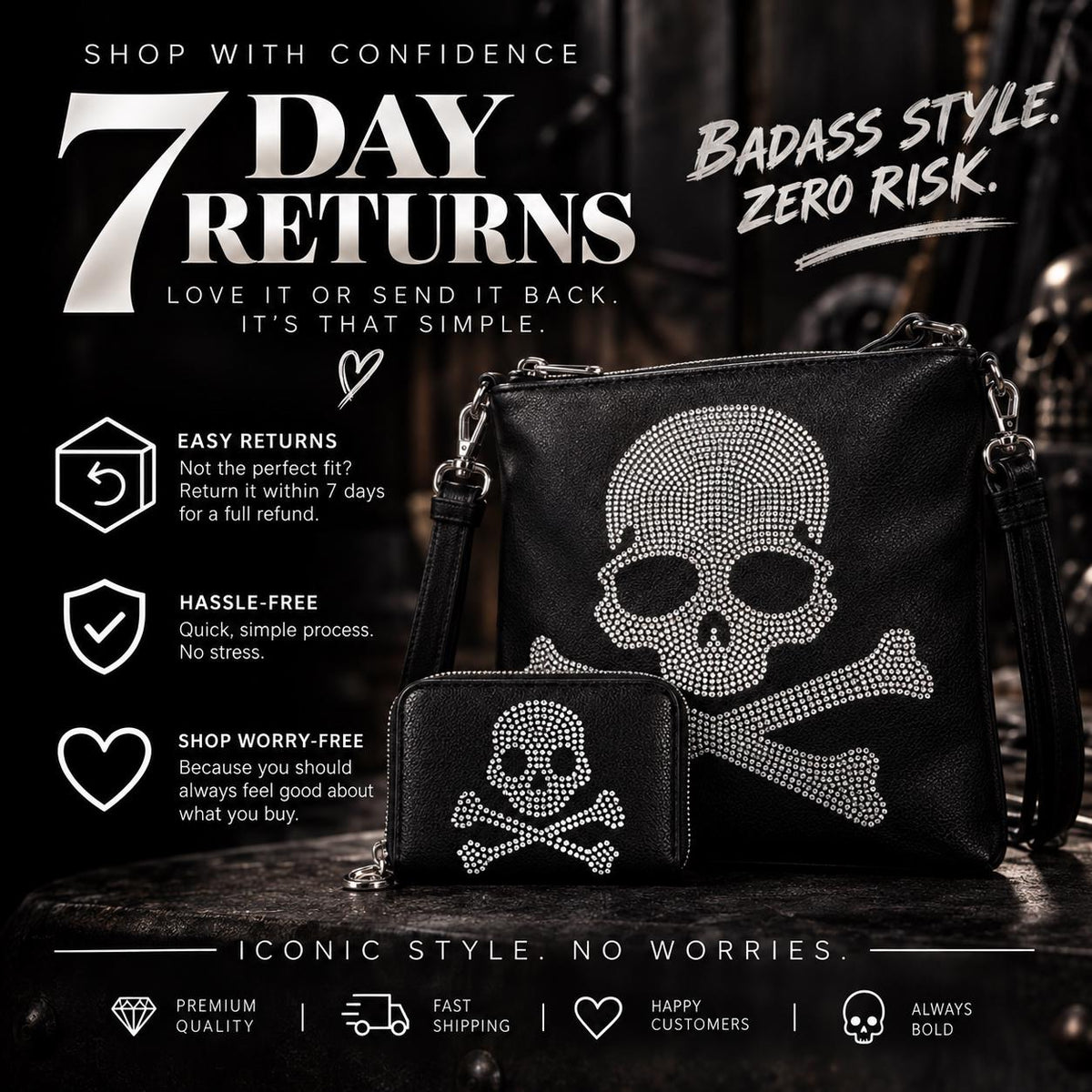 Rhinestone Skull Purse Set: Black Faux Leather Bag and Wallet Combo