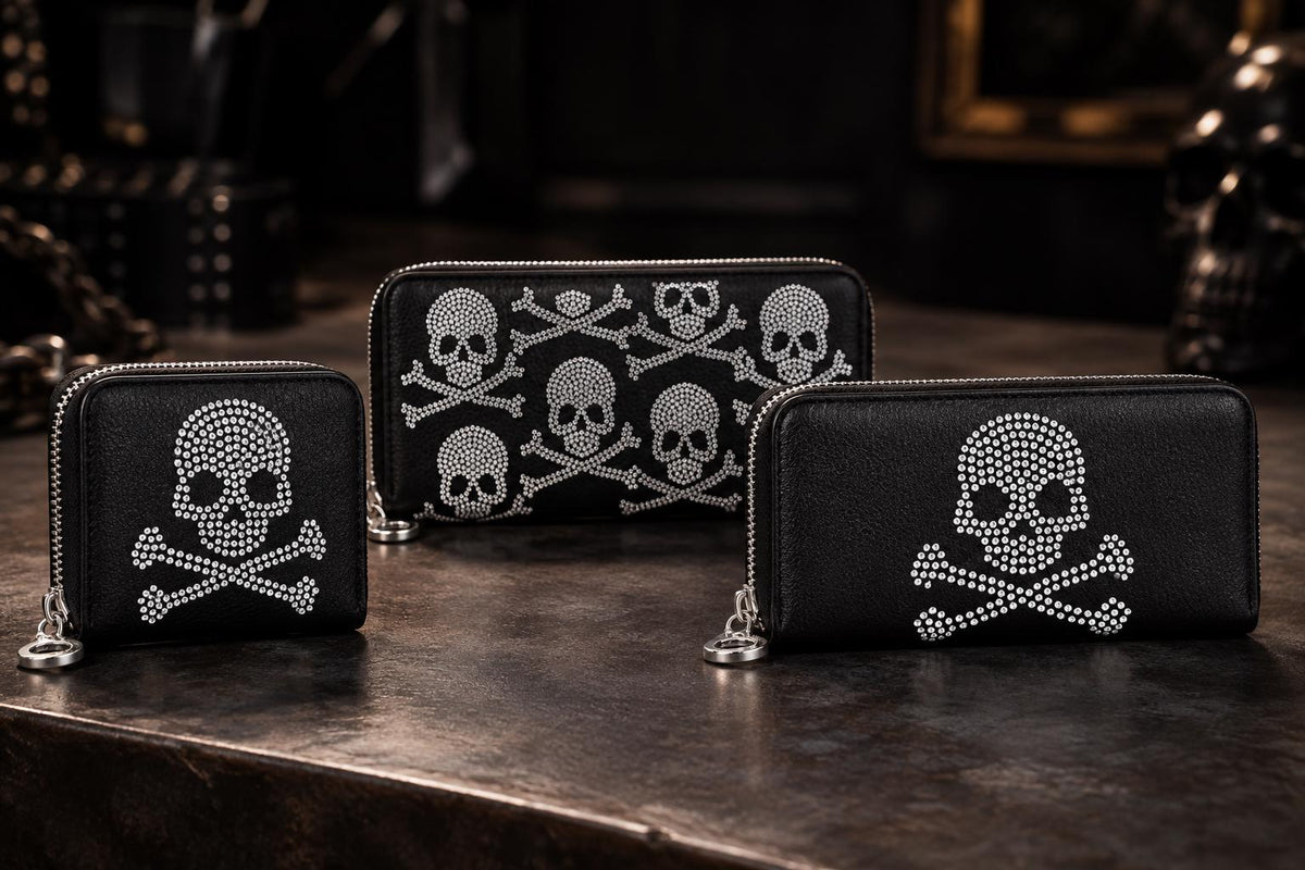 Rhinestone Skull Purse Set: Black Faux Leather Bag and Wallet Combo