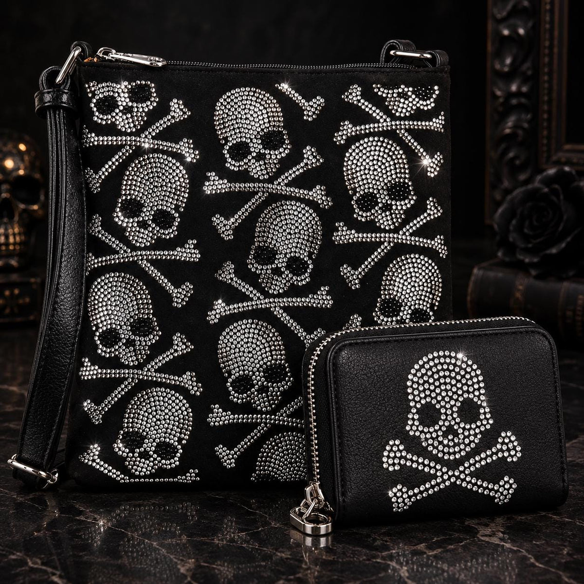 Skull Crossbody Bag & Wallet Set, Rhinestone Gothic Purse, Black Faux Leather Skull Handbag, Goth Gift for Her