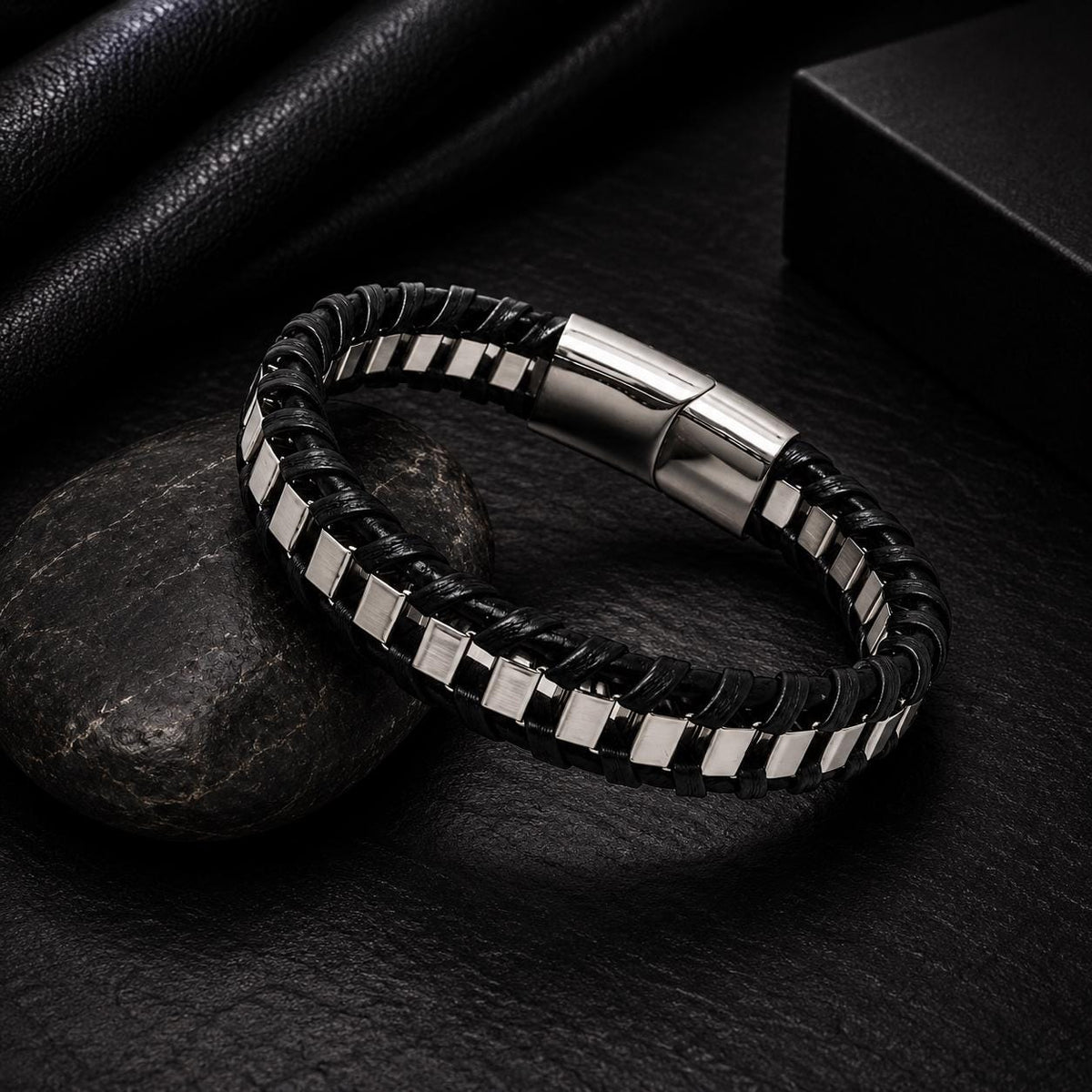 Men's Leather Bracelet, Stainless Steel Magnetic Clasp, 13mm Braided Faux Leather, Gold Silver or Black, Everyday Men's Jewelry