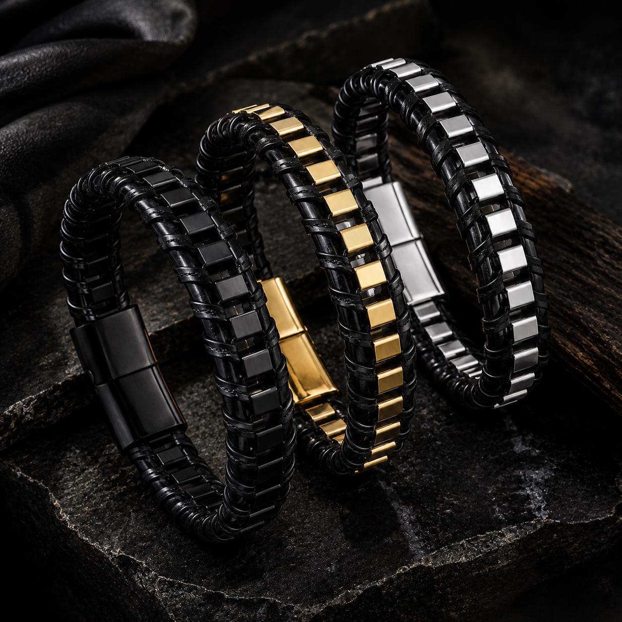 Men's Leather Bracelet, Stainless Steel Magnetic Clasp, 13mm Braided Faux Leather, Gold Silver or Black, Everyday Men's Jewelry