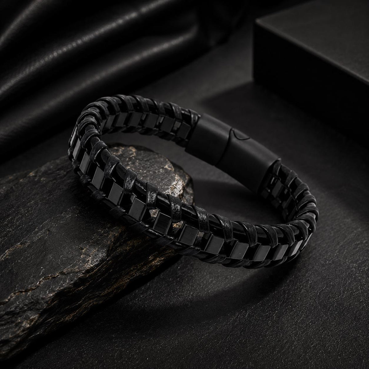 Men's Leather Bracelet, Stainless Steel Magnetic Clasp, 13mm Braided Faux Leather, Gold Silver or Black, Everyday Men's Jewelry