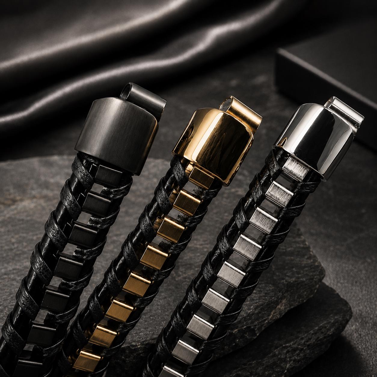 Men's Leather Bracelet, Stainless Steel Magnetic Clasp, 13mm Braided Faux Leather, Gold Silver or Black, Everyday Men's Jewelry