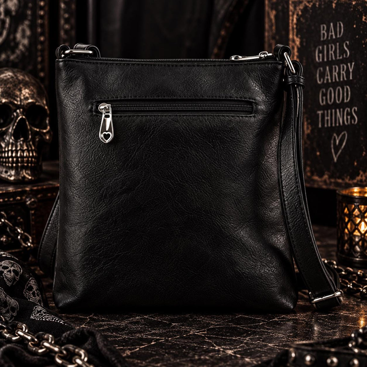 Skull Crossbody Bag & Wallet Set, Rhinestone Gothic Purse, Black Faux Leather Skull Handbag, Goth Gift for Her