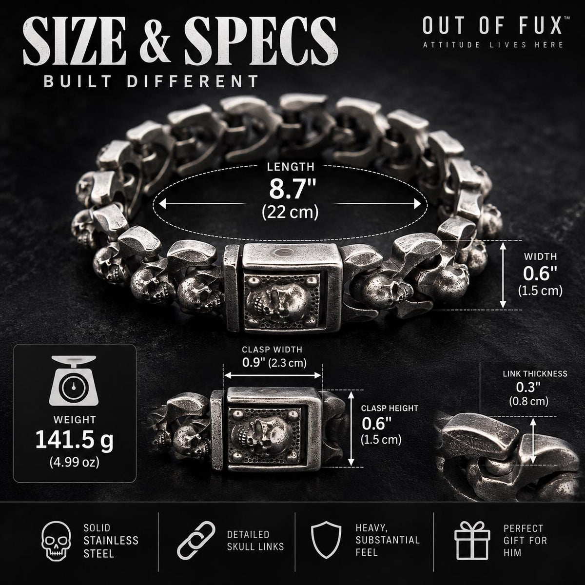 Heavy Stainless Steel Skull Bracelet for Men: Biker Chain Design