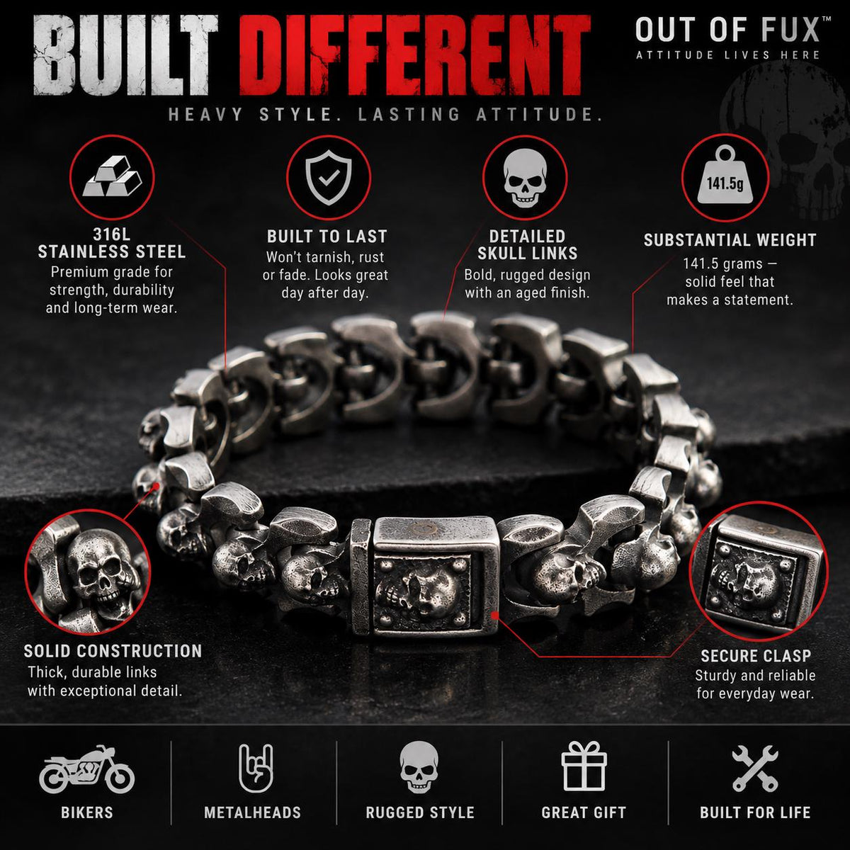 Heavy Stainless Steel Skull Bracelet for Men: Biker Chain Design